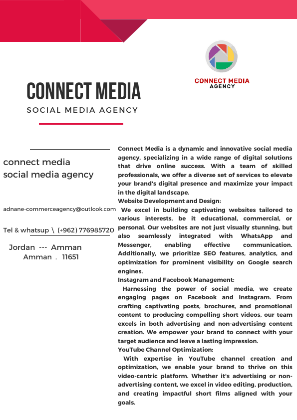Connect Media is a dynamic and innovative social media agency, specializing in a wide range of digital solutions that drive online success. With a team of skilled professionals, we offer a diverse set of services to .pdf