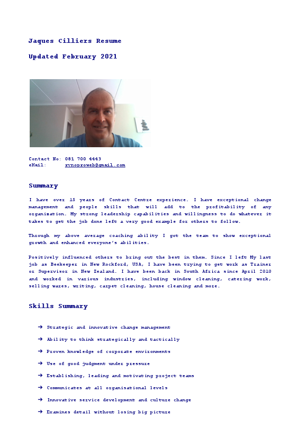 Updated Resume for Jaques Cilliers - Work from Home Candidate.pdf