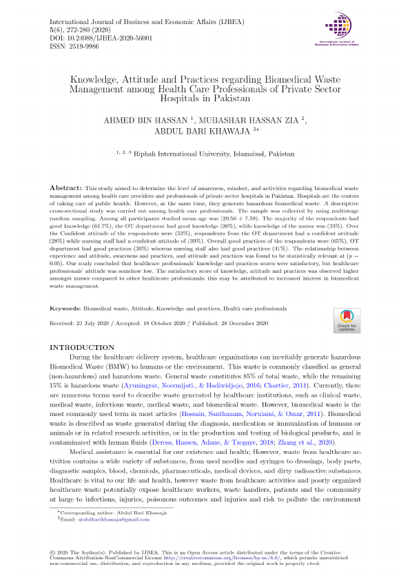 View of Knowledge, Attitude and Practices regarding Biomedical Waste Management among Health Care Professionals of Private Sector Hospitals in Pakistan.pdf