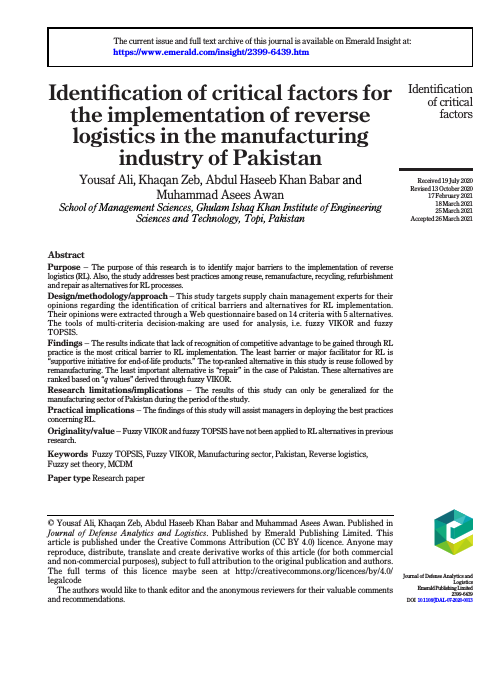 Identification of critical factors for the implementation of reverse logistics in the manufacturing industry of Pakistan.pdf