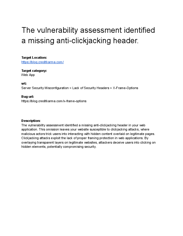 The vulnerability assessment identified a missing anti-clickjacking header.pdf