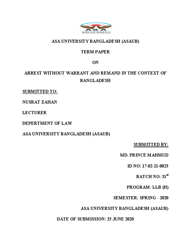 Arrest without Warrant and Remand of Bamgladesh by MD Prince Mahmud.pdf