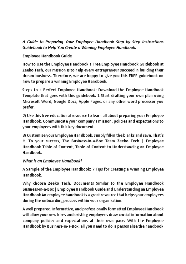 A Guide to Preparing Your Employee Handbook Step by Step Instructions Guidebook to Help You Create a Winning Employee Handbook by Zeeko Tech.pdf