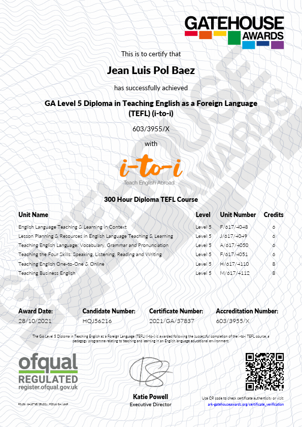 Jean Luis Pol Baez - GA Level  Diploma in Teaching English as a Foreign Language Hours Certificate.pdf