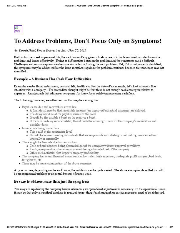 Vensai Enterprises - To Address Problems, Don’t Focus Only on Symptoms..pdf