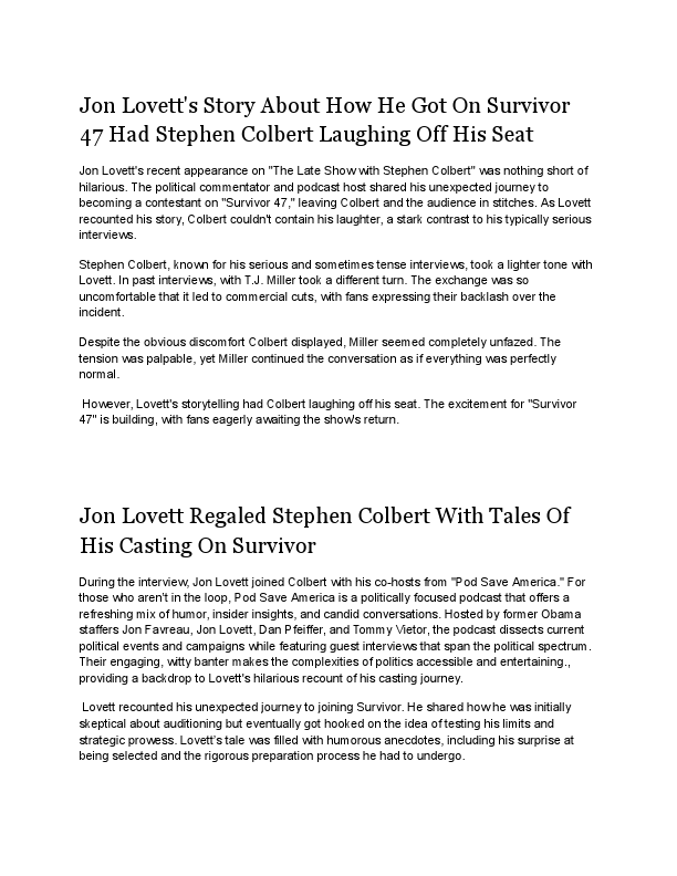 Jon Lovett's Story About How He Got On Survivor 47 Had Stephen Colbert Laughing Off His Seat.pdf