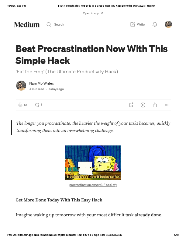 Beat Procrastination Now With This Simple Hack _ by Nani Mo Writes _ Oct, 2024 _ Medium.pdf