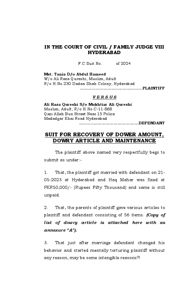 (Mst. Tania Brohi) suit for recovery of dower amount, dowry article and maintenance.pdf