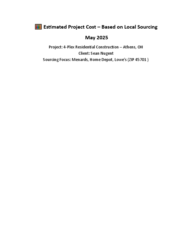 My prevised project_Estimated Project Cost – Based on Local Sourcing 4-Plex Residential Construction – Athens, OH - Copy.pdf