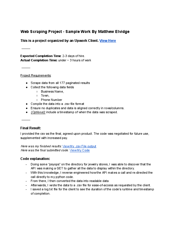 Web Scraping Project - Sample Work By Matthew Elvidge.pdf