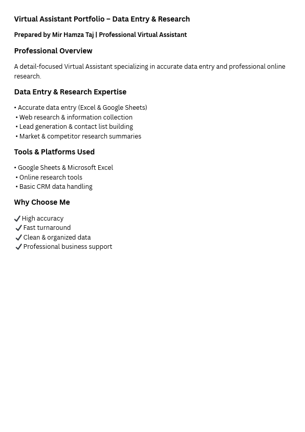 Virtual Assistant virtualassistant adminsupport customersupport webresearch Data Entry Web Research Email Management Calendar Schedule Management Customer Support File Conversion Product Listing .pdf