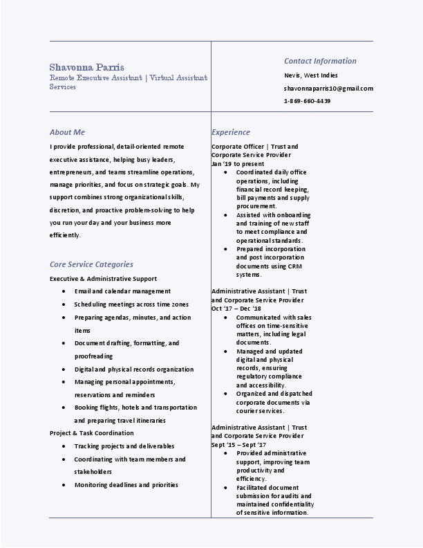 Shavonna Parris-Executive Assistant Resume & Service List.pdf