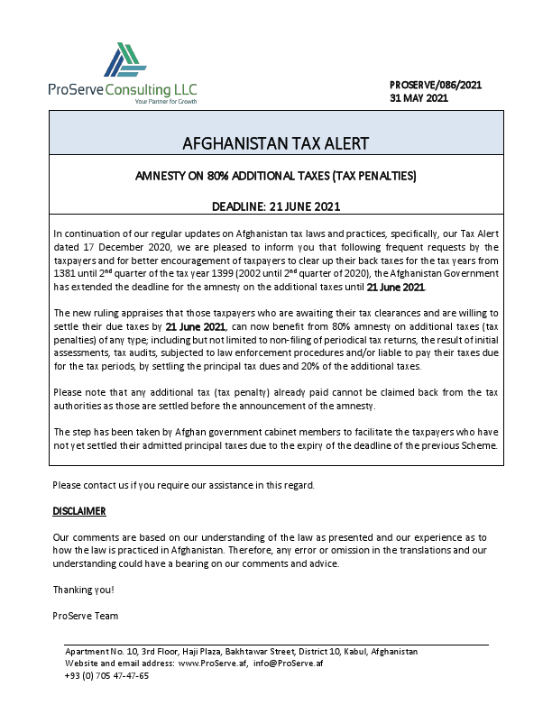 AFGHANISTAN TAX ALERT - 80% AMNESTY ON ADDITIONAL TAXES - 31 May 2021.pdf