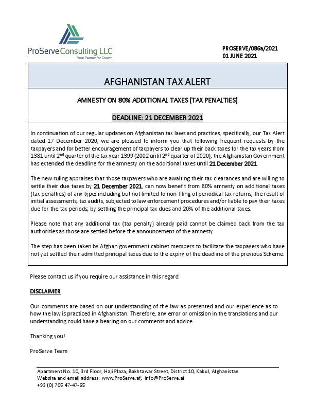 AFGHANISTAN TAX ALERT - 80% AMNESTY ON ADDITIONAL TAXES - 01 June 2021.pdf