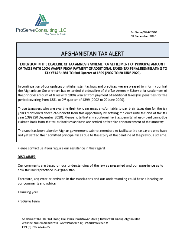 AFGHANISTAN TAX ALERT - AMNESTY ON ADDITIONAL TAXES - 08 Dec 2020.pdf