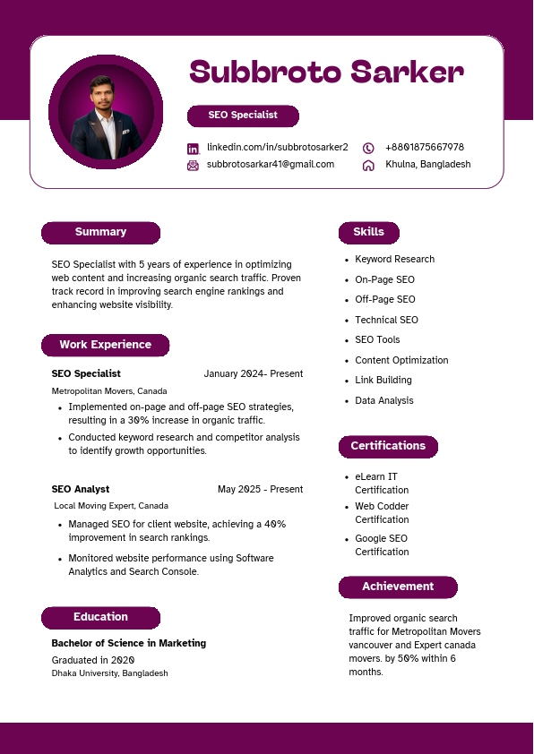 SEO Specialist with 5 years of experience in optimizing web content and increasing organic search traffic. Proven track record in improving search engine rankings and enhancing website visibility. (1).pdf