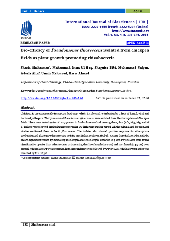 (2016) Bio-efficacy of Pseudomonas fluorescens isolated from chickpea.pdf