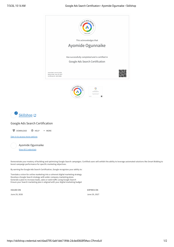 Google Ads Search Certification • Ayomide Ogunnaike • Skillshop.pdf