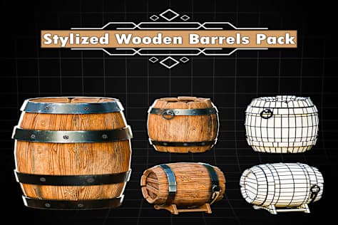 3D Stylized Wooden Barrels | Game Ready 3D Props | Low Poly Stylized Assets