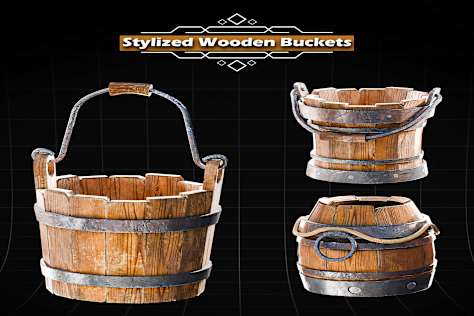 3D Stylized Wooden Buckets | Game Ready 3D Props | Low Poly PBR Assets