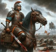 DALL·E 2023-12-29 15.21.36 - An ancient warrior sitting on his horse in the midst of a battlefield. The warrior is holding a sword with blood on it, signifying recent combat. The .png