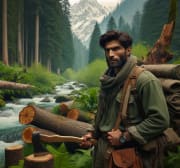 DALL·E 2023-12-29 15.11.24 - An Indian or Pakistani man, aged between 30-40 years, standing in a dense jungle beside a river. He is looking intently at a large tree he intends to .png