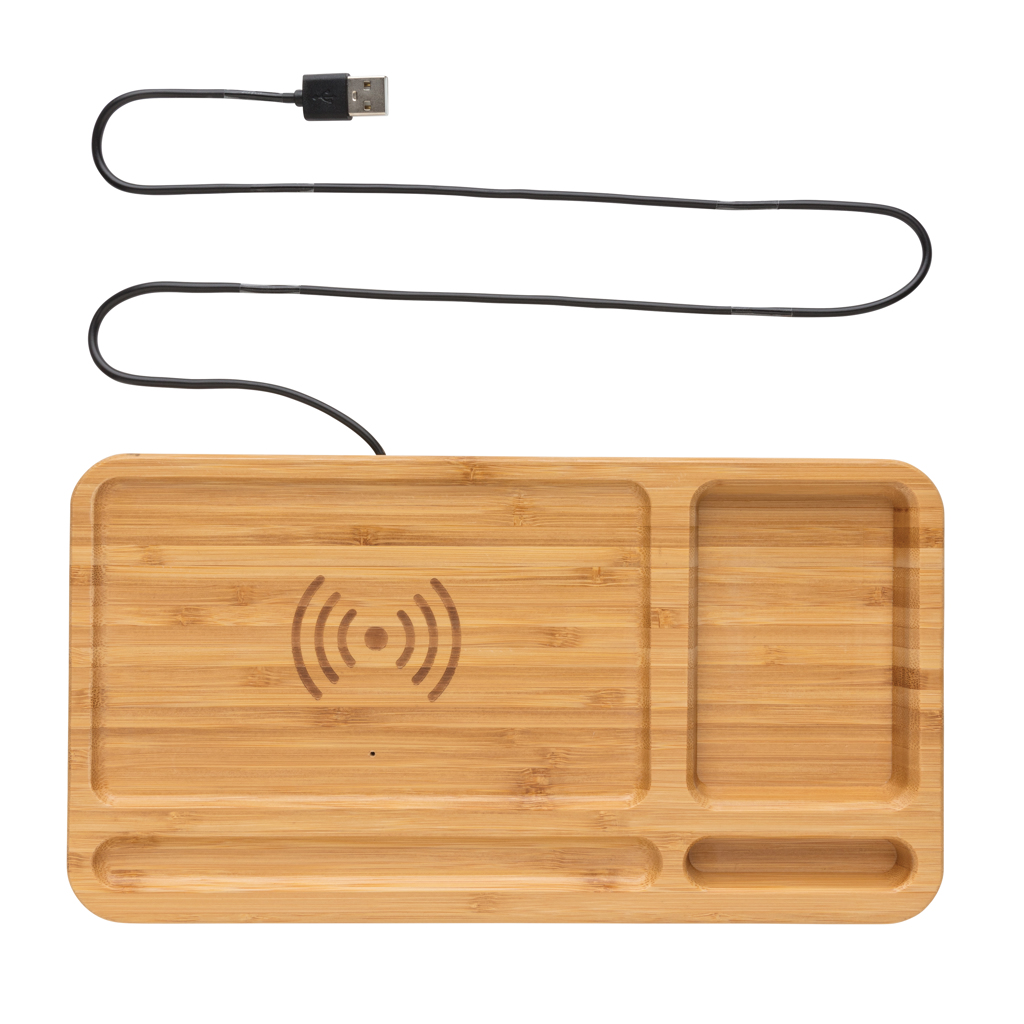 Organizador de escritorio y cargador 10W de bambú