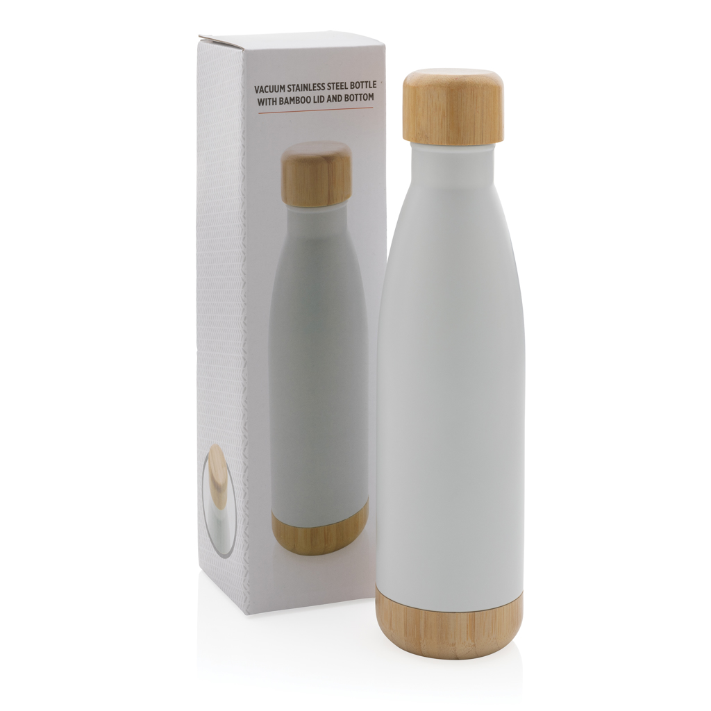 Botella acero inoxidable al vacío con tapa y fondo de bambú
