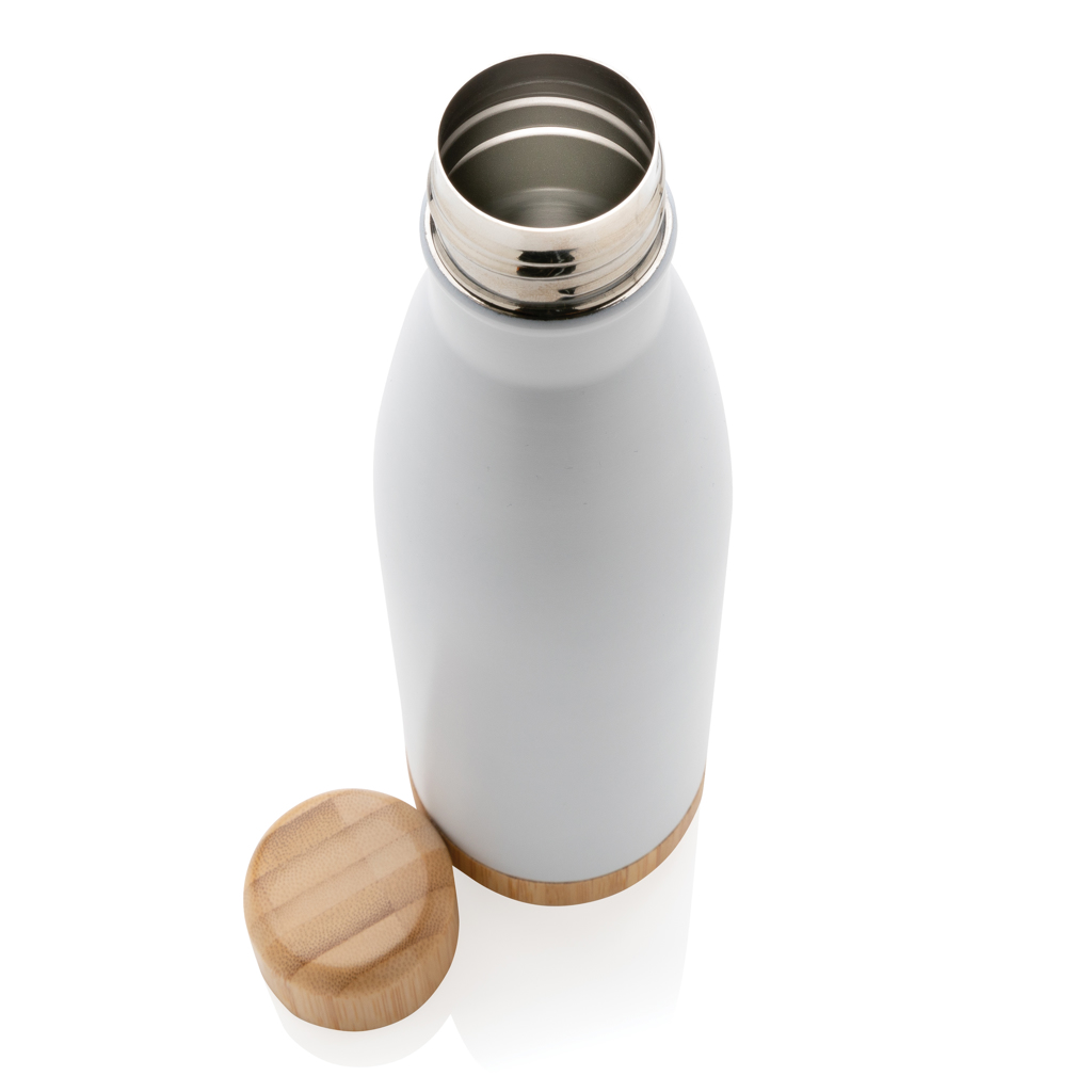 Botella acero inoxidable al vacío con tapa y fondo de bambú