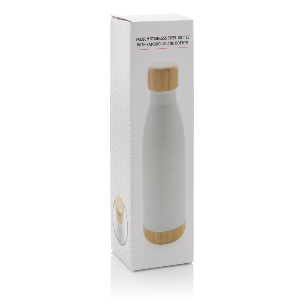 Botella acero inoxidable al vacío con tapa y fondo de bambú