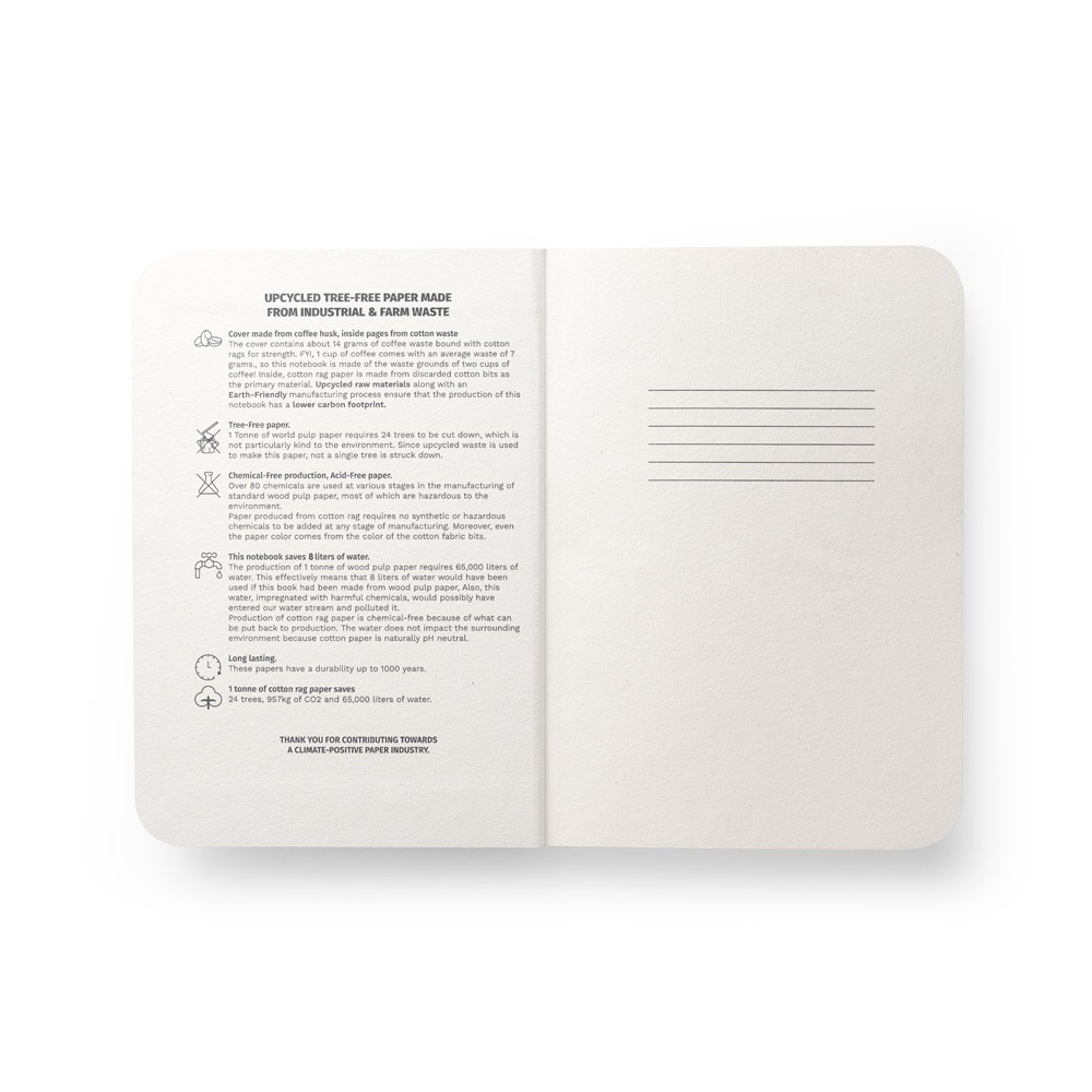 COFFEEPAD SEMI-RIGID. Bloc de notas A5 con tapa semirrígida elaborado a partir de residuos de cascarilla de café (65%)