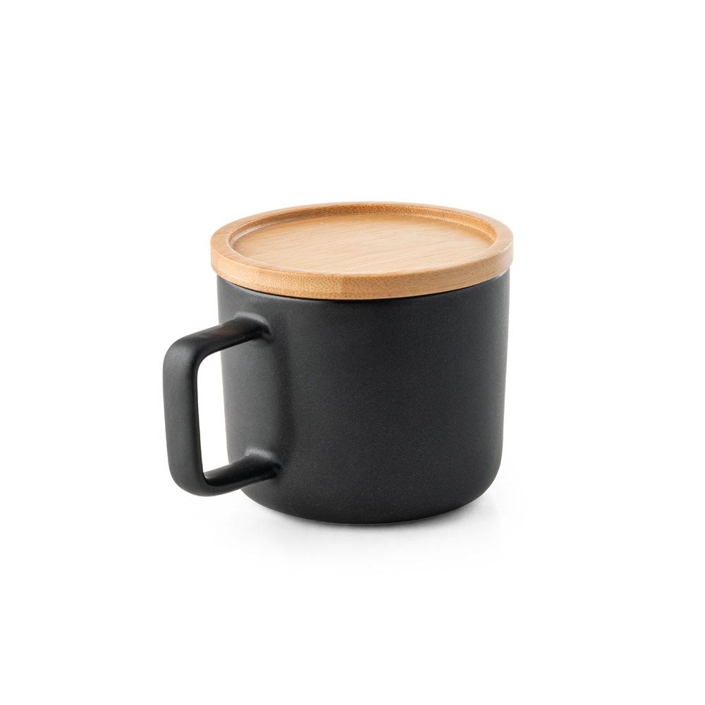 FANGIO. Taza de cerámica con tapa y base de bambú de 230 mL