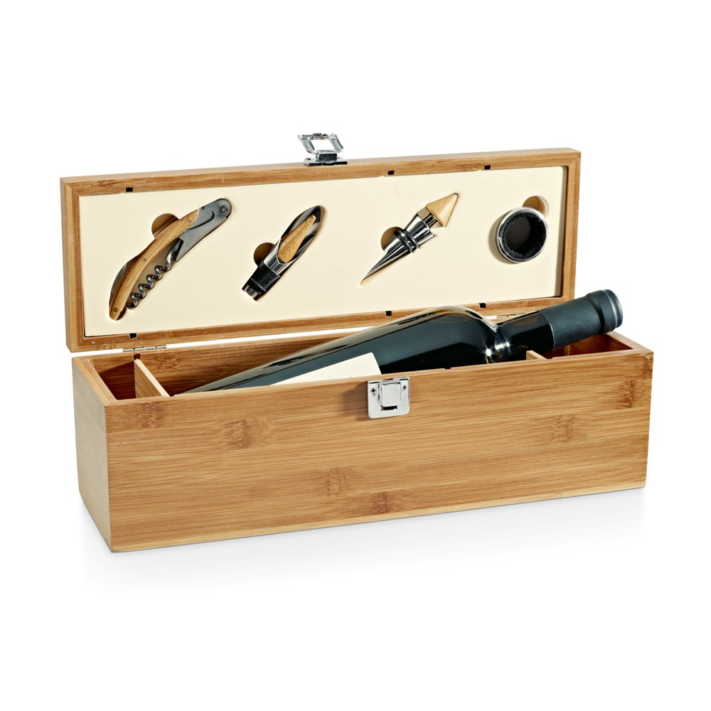 SYRAH. Set de vino suministrado en caja, fabricado en bambú, zinc y acero inoxidable
