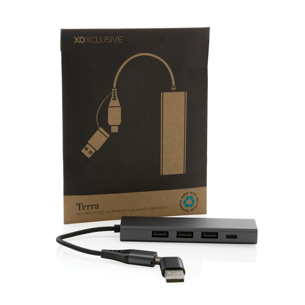 Hub Terra de aluminio reciclado  RCS con 3 puertos USB
