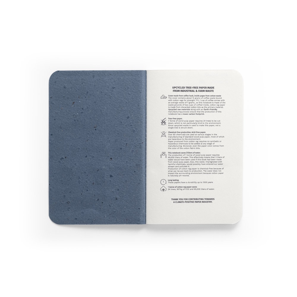 COFFEEPAD SOFT. Bloc de notas A6 con tapa flexible fabricado con residuos de cascarilla de café (65%)