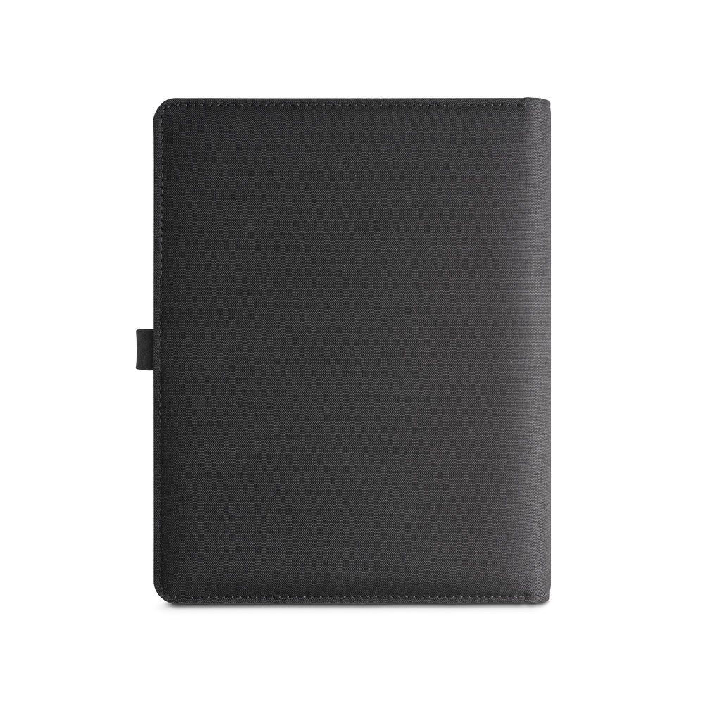 EMERGE A5 FOLDER. Carpeta tamaño A5 hecha en poliéster reciclado (100% rPET) 300D con cargador inalámbrico incorporado