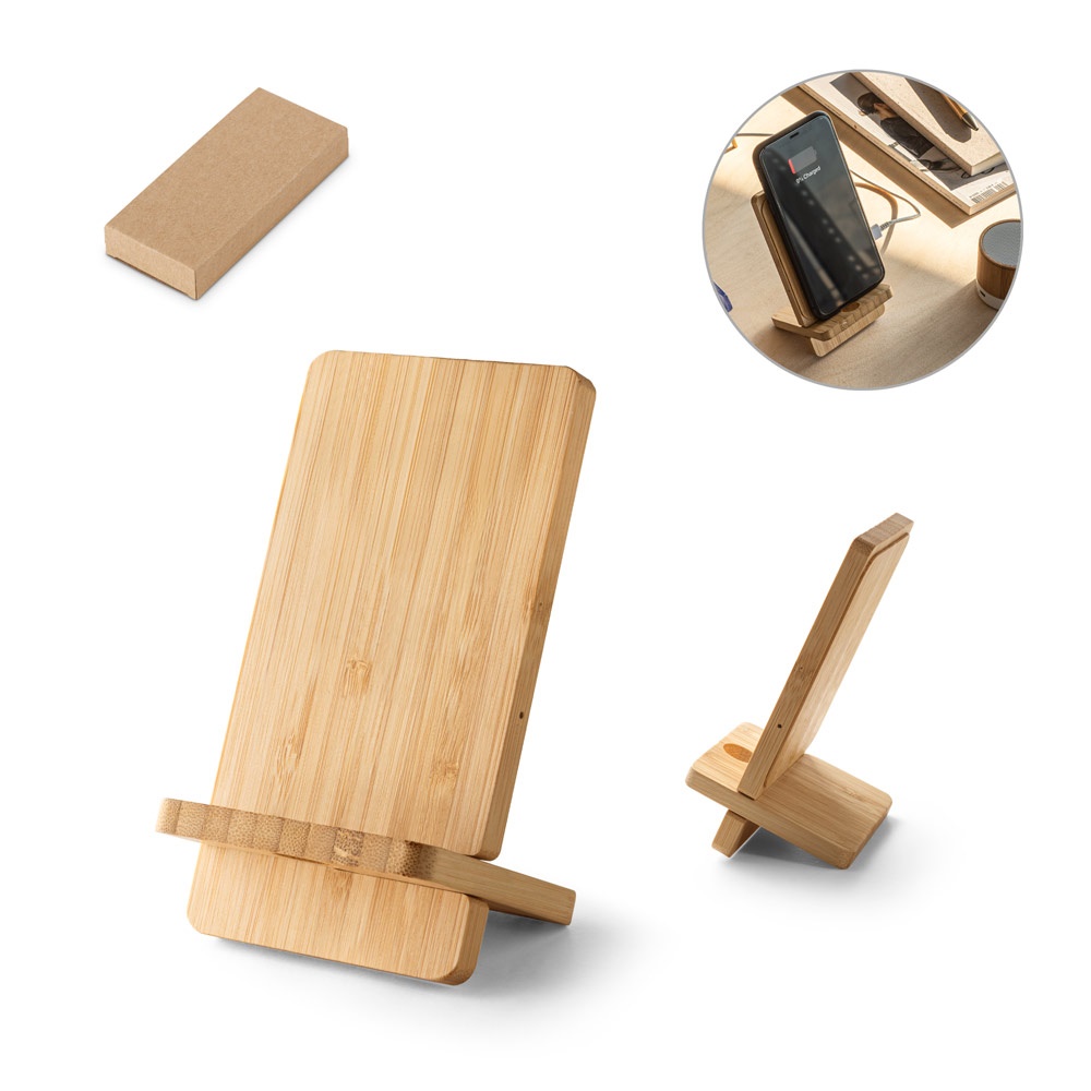 LANGE. Soporte para smartphone con cargador inalámbrico, rápido, de 15 W en bambú