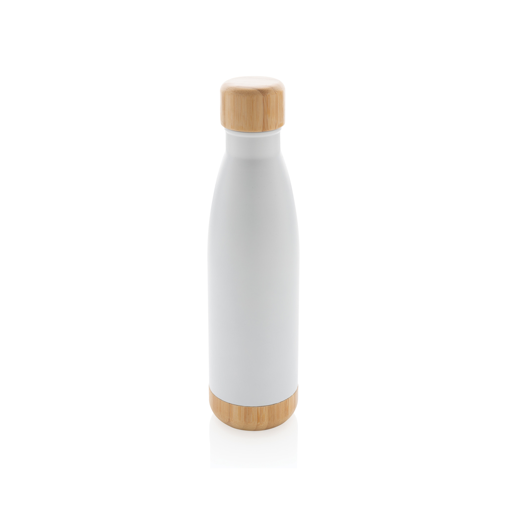 Botella acero inoxidable al vacío con tapa y fondo de bambú
