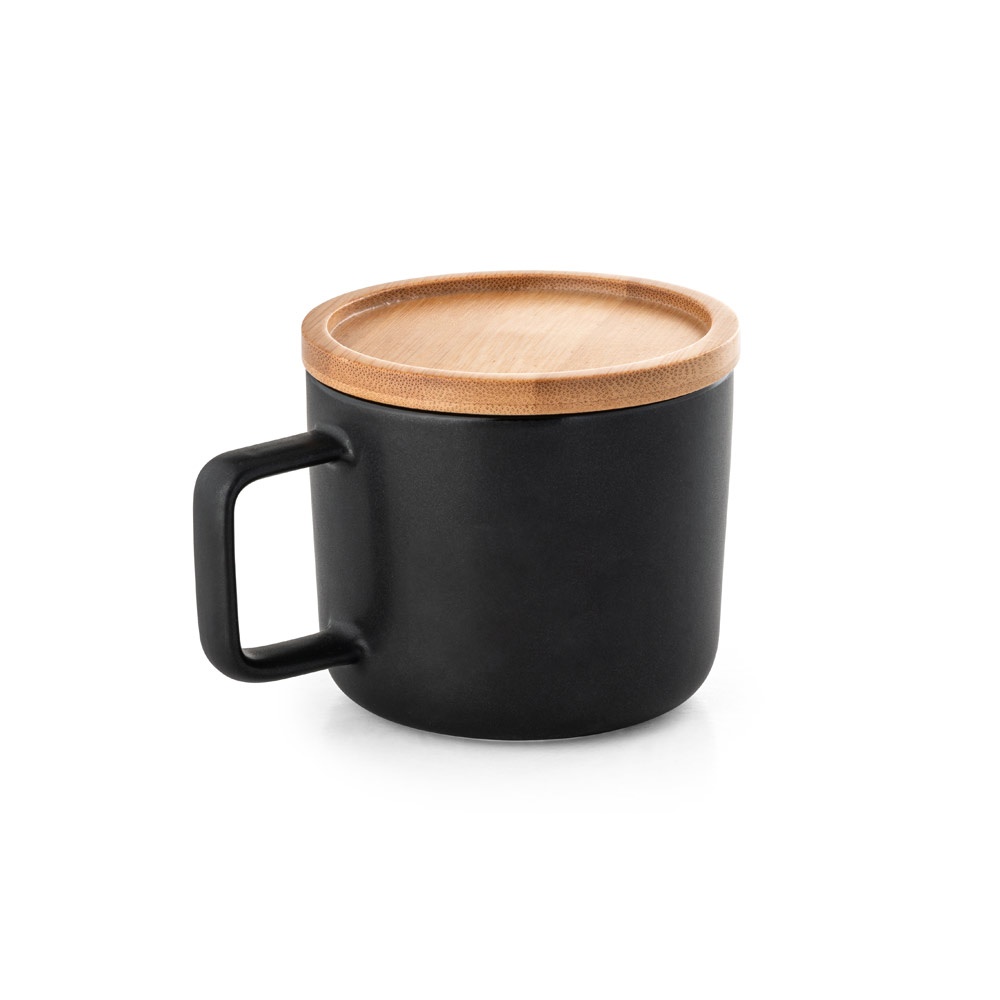 FANGIO. Taza de cerámica con tapa y base de bambú de 230 mL