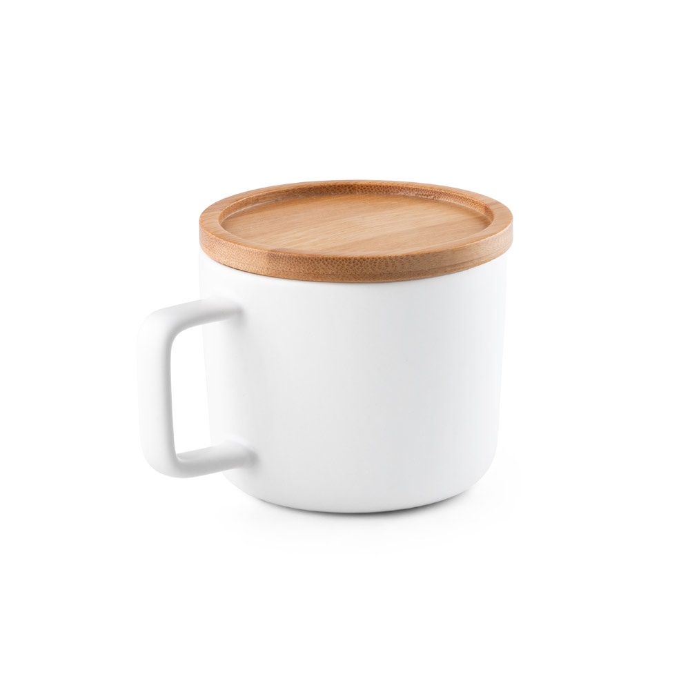 FANGIO. Taza de cerámica con tapa y base de bambú de 230 mL