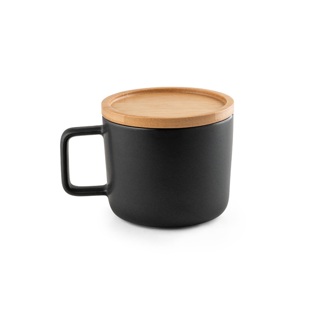 FANGIO. Taza de cerámica con tapa y base de bambú de 230 mL