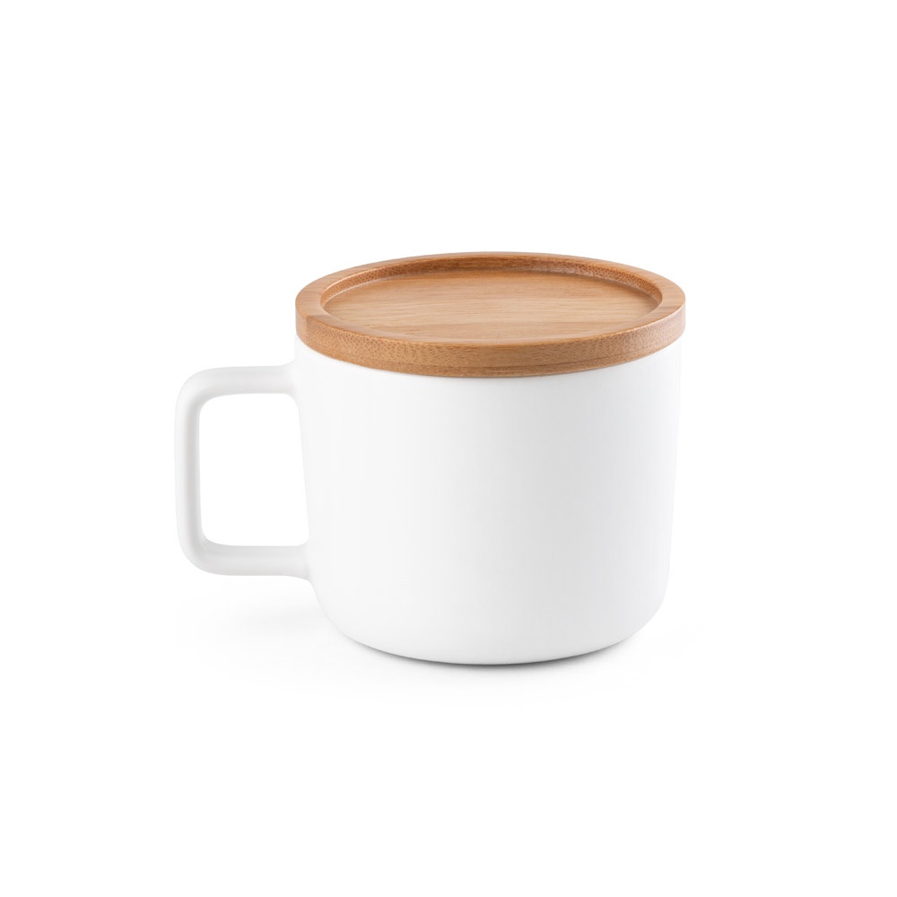 FANGIO. Taza de cerámica con tapa y base de bambú de 230 mL