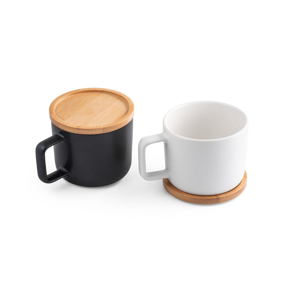 FANGIO. Taza de cerámica con tapa y base de bambú de 230 mL