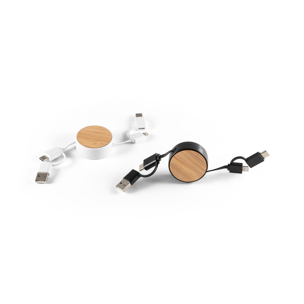 RUBINS. Cable USB retráctil 6 en 1 en ABS reciclado (100% rABS) y bambú