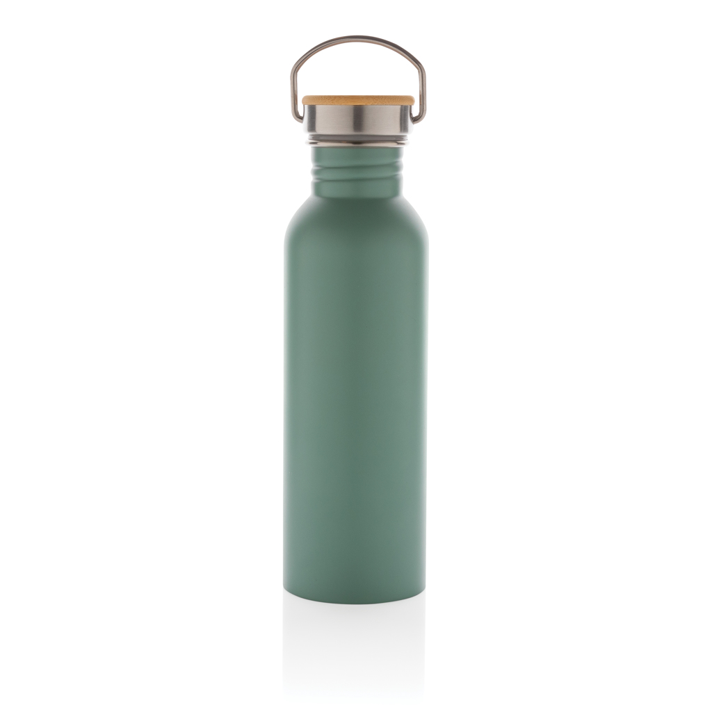 Botella moderna de acero inoxidable con tapa de bambú.