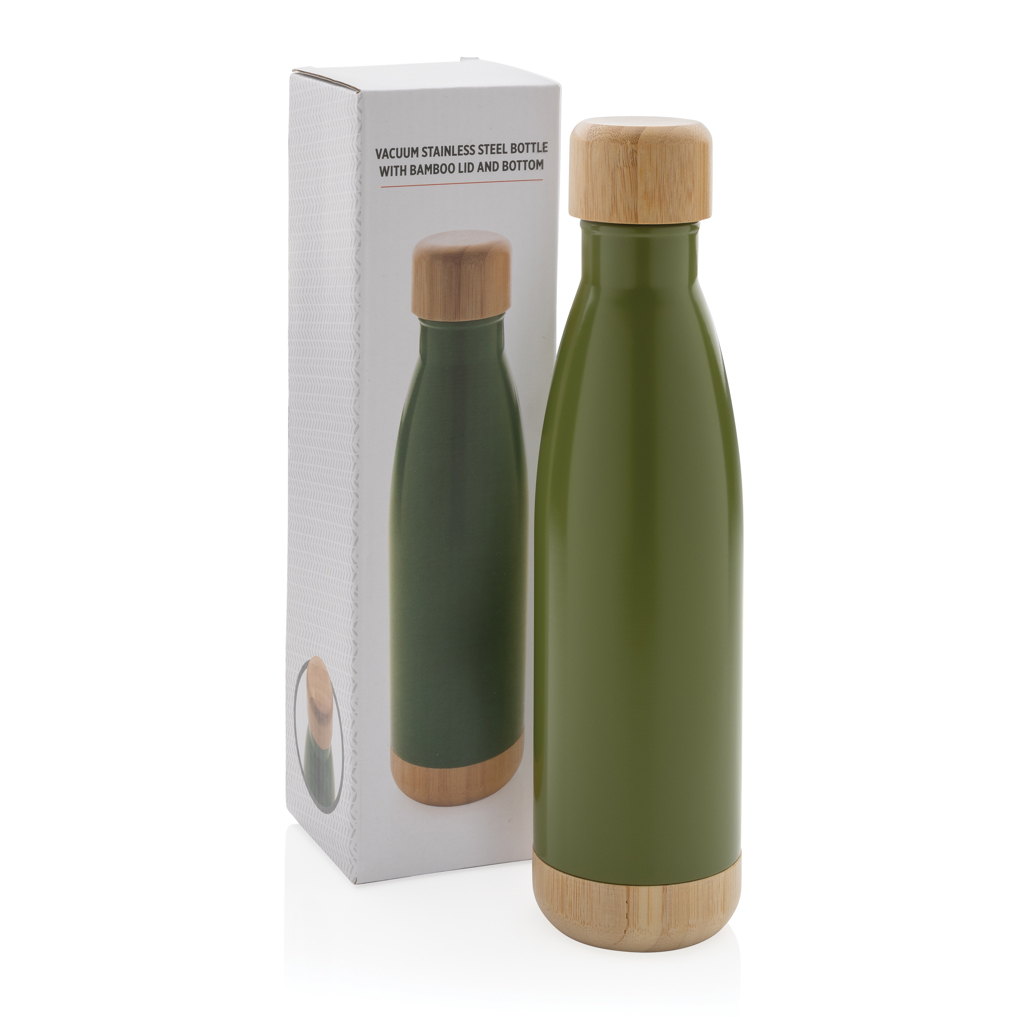 Botella acero inoxidable al vacío con tapa y fondo de bambú