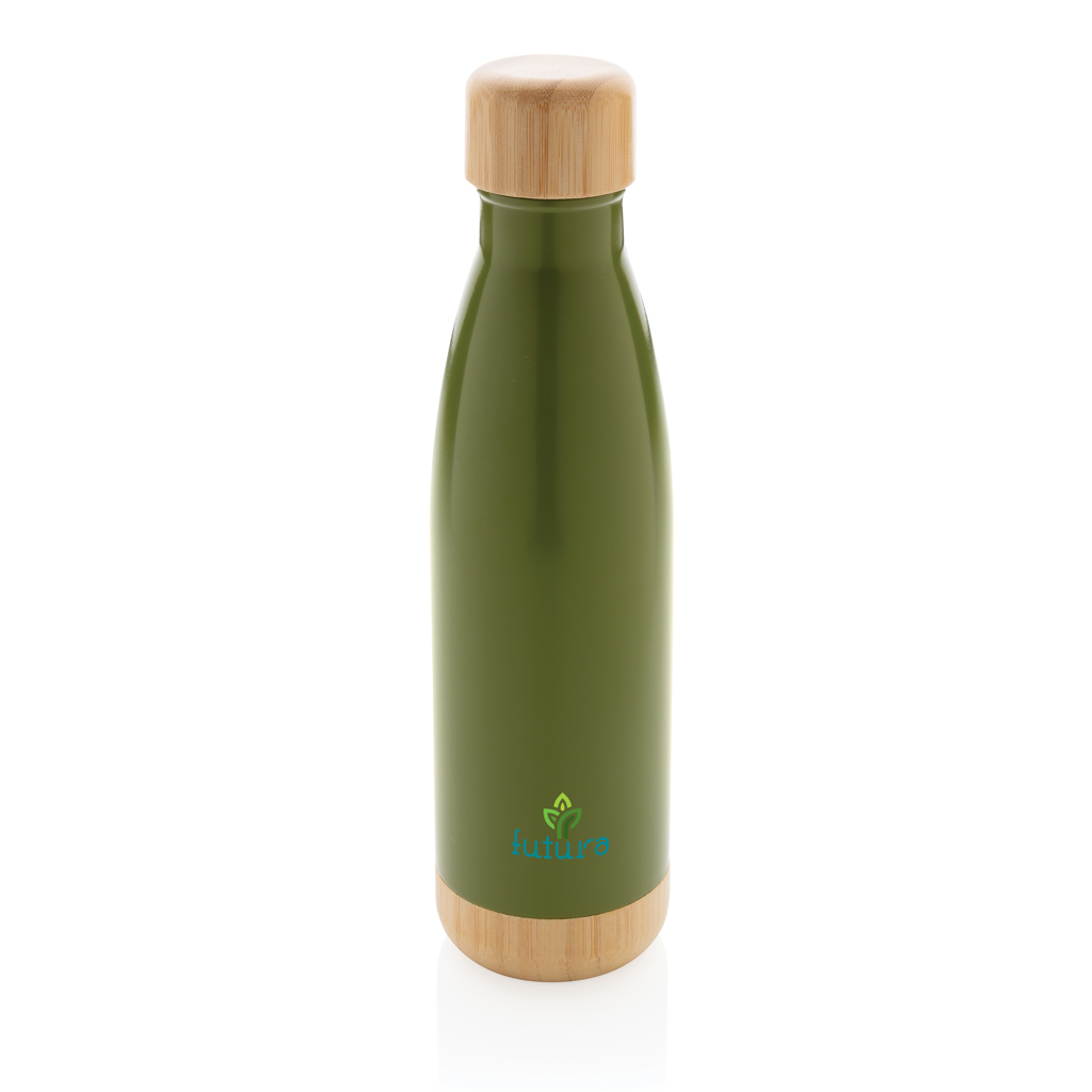 Botella acero inoxidable al vacío con tapa y fondo de bambú