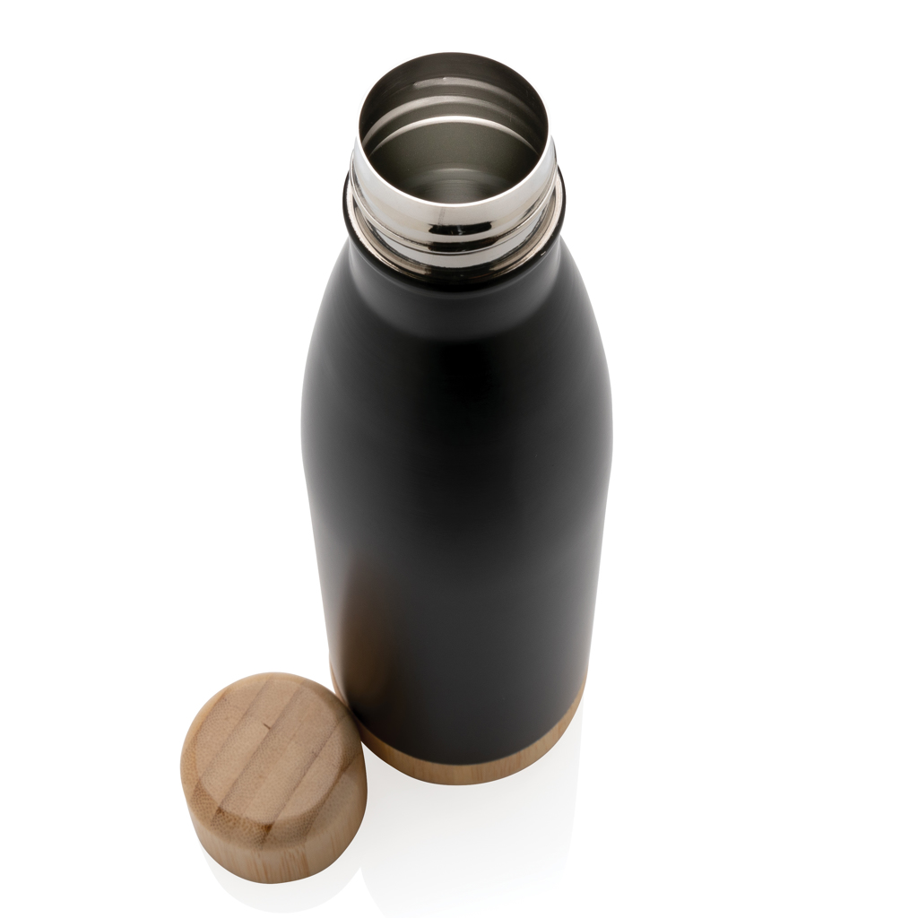 Botella acero inoxidable al vacío con tapa y fondo de bambú