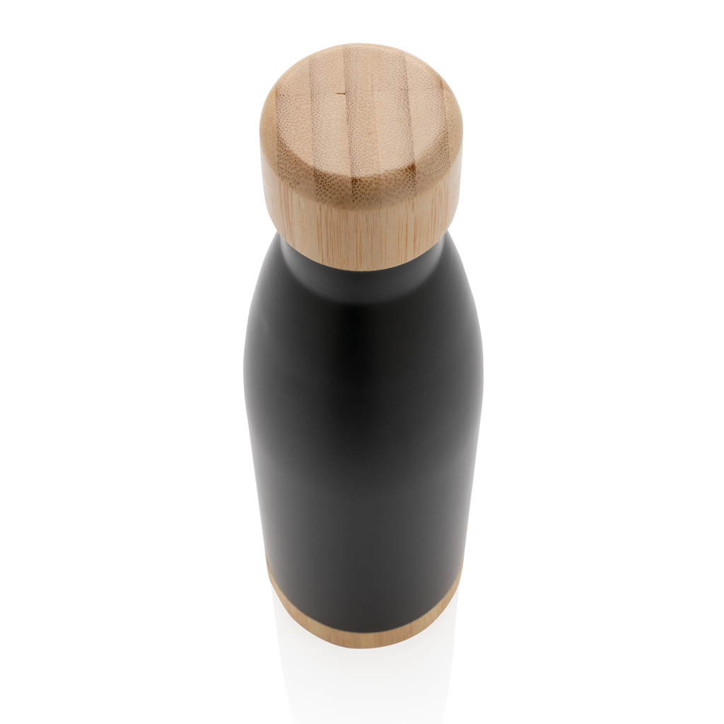 Botella acero inoxidable al vacío con tapa y fondo de bambú