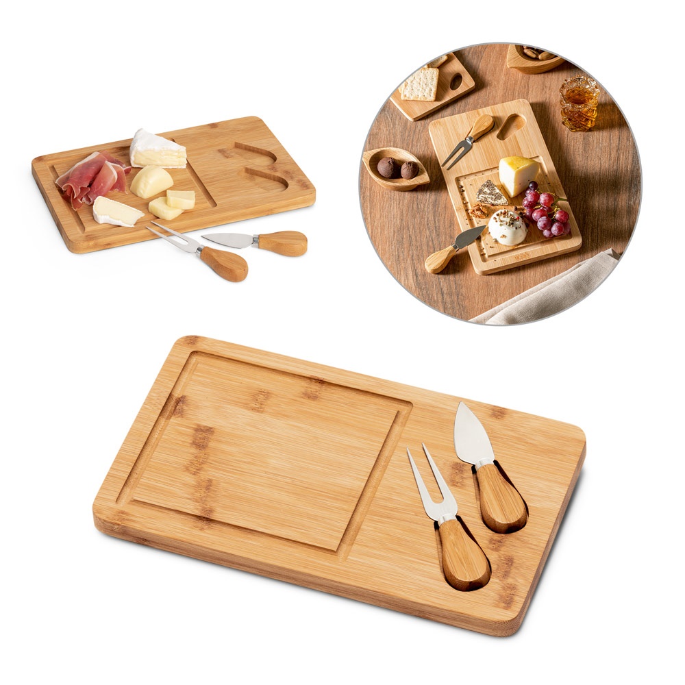 WOODS. Tabla de quesos de bambú. Incluye 2 utensilios fabricados en bambú y acero inoxidable
